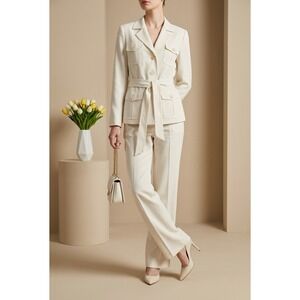 Kasper Womens White 2 Pc Belted Safari Blazer Straight Leg Pant Suit 10 Business
